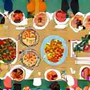 Illustration of enjoying delicious catered food