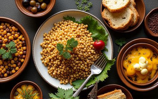 Spread of traditional Arabic breakfast items